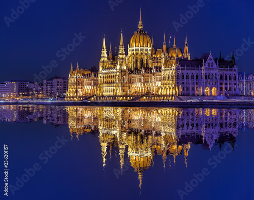 Parliament building of Budapest above Danube river in Hungary at night.