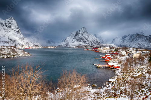 Travel ideas. Little Fishing Village Hamnoy and Sakrisoy on Lofoten in Norway During Sunrise in Early Spring Time. photo