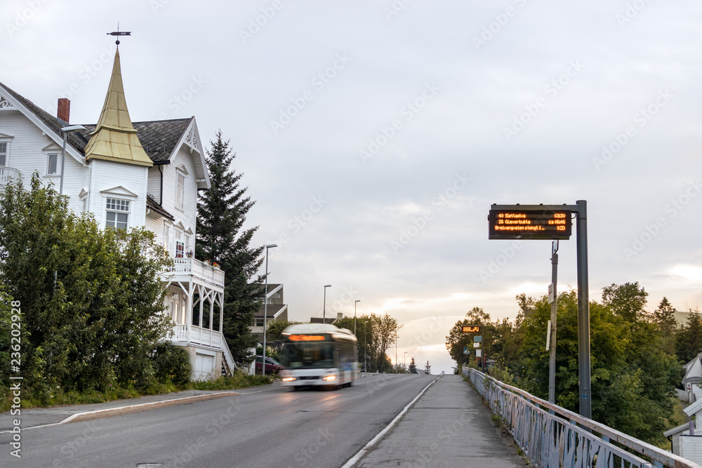 An electronic bus stop with timetable in Tromso, Norway.