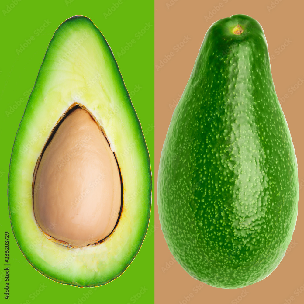 Two slices of avocado on color green background. One slice with core. top view, closeup, collage