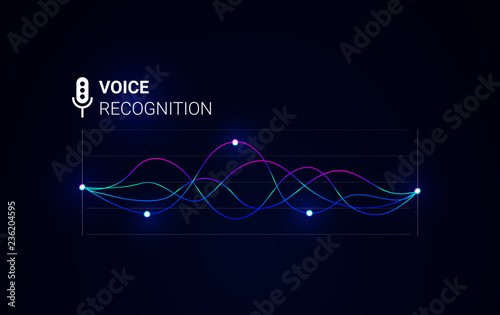 Voice recognition. Personal sound assistant. Smart music waves recognition technology. Futuristic microphone vocal ai icon. Vector background.