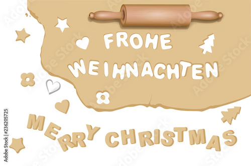Weihnachtsbäckerei Plätzchen mit Weihnachtsgrüße in deutsch und englisch, Vektor Illustration isoliert auf weißem Hintergrund