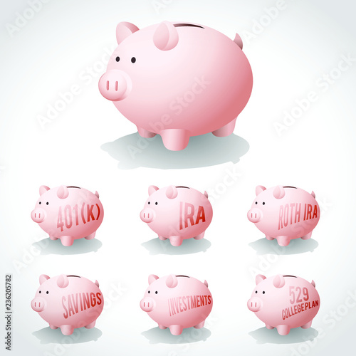 Illustration of a set of piggy banks denoting investment types