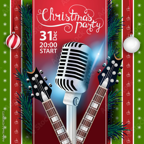 Christmas party, poster template with guitars and microphone
