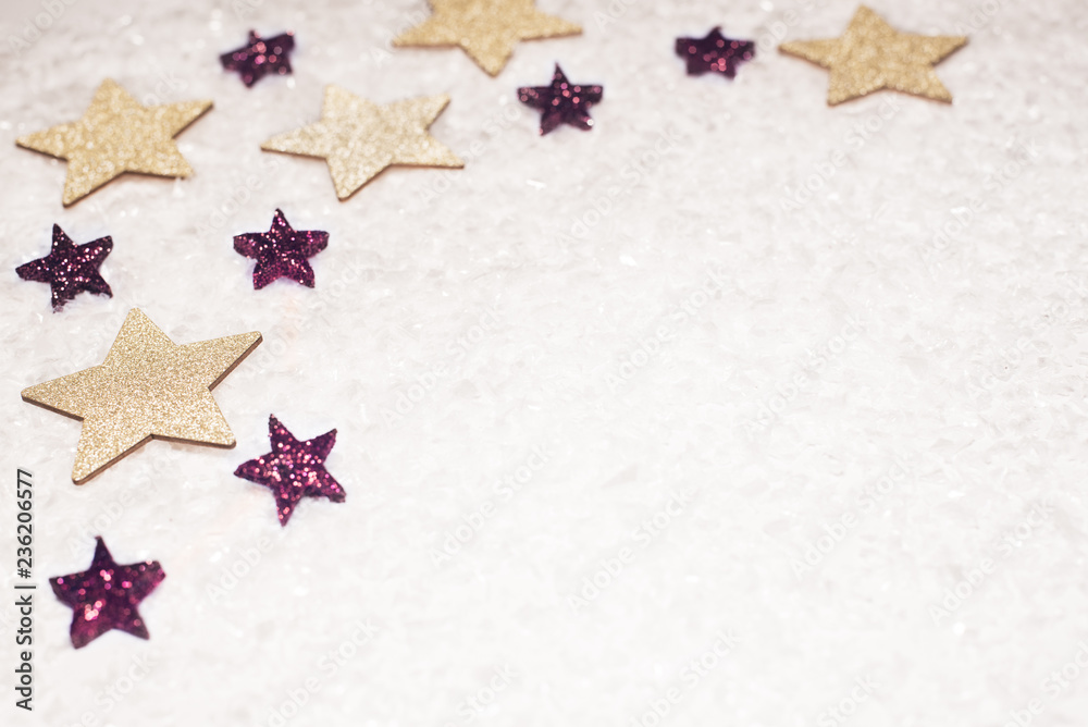 Christmas background, with golds and purple glitter stars and snow - sophisticated, luxury - copyspace Christmas background, with golds and purple glitter stars and snow - sophisticated, luxury - copyspace