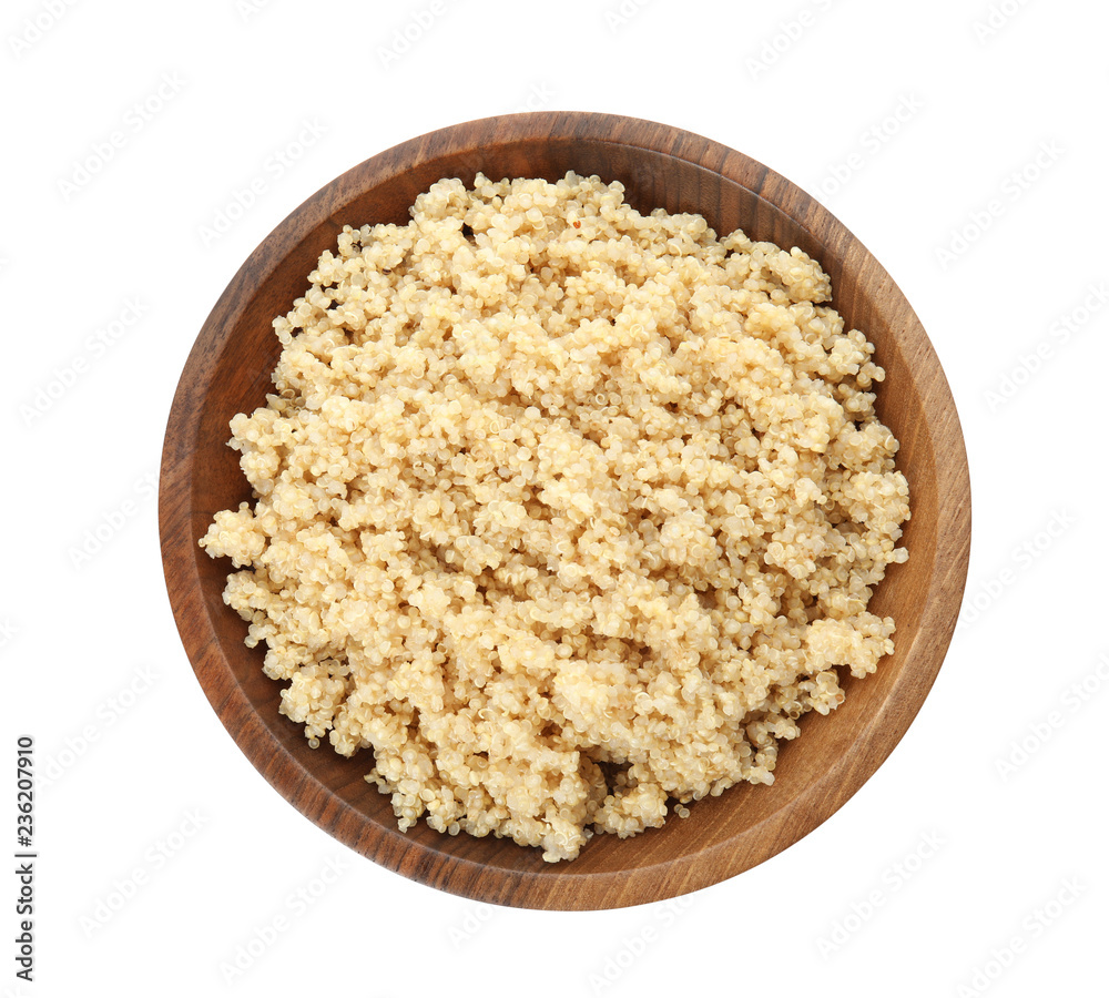 Cooked delicious quinoa in bowl isolated on white, top view Cooked delicious quinoa in bowl isolated on white, top view