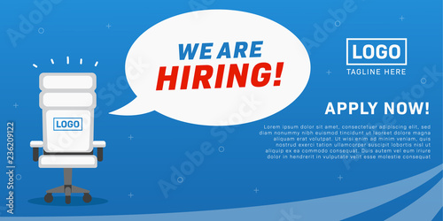 Job vacancy we are hiring poster with empty office chair illustration ads for millennial in landscape size