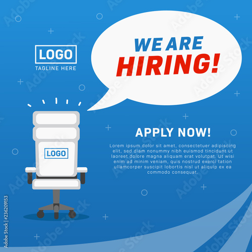 Job vacancy we are hiring poster with empty office chair illustration ads for millennial