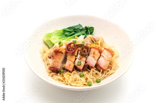 egg noodle soup with crispy pork belly and wonton