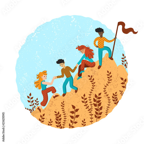 Group of climbers helping each other. Concept of teamwork. International business people in mountains. Leader on the top. Vector illustration in flat cartoon style.