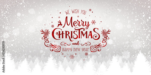 Christmas and New Year Typographical on snowy Xmas background with winter landscape with snowflakes, light, stars. Merry Christmas card. Vector Illustration