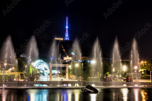 Georgia, Tbilisi - July, 3, 2018. Fountain at Rike square Tbilisi at night