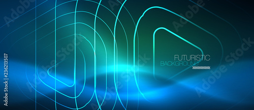 Neon glowing techno lines, hi-tech futuristic abstract background template with geometric shapes