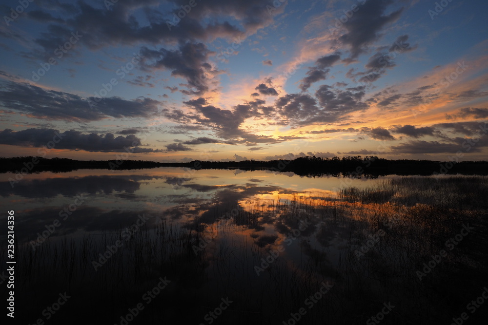 Colorful sunrise reflected in the perfectly calm water of Nine Mile Pond in Everglades National Park, Florida.