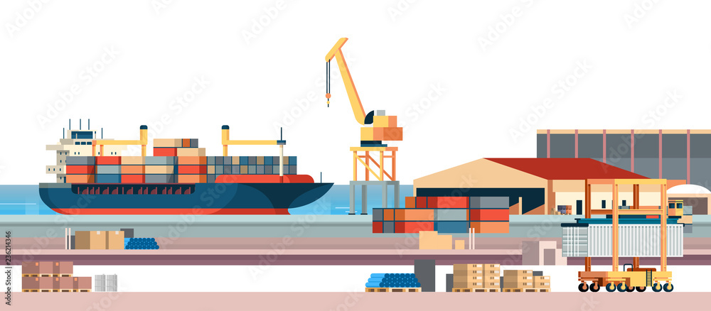 Industrial sea port cargo logistics container import export freight ship crane water delivery transportation concept shipping dock flat horizontal banner - obrazy, fototapety, plakaty 