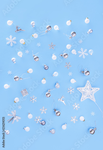 merry christmas and happy new year concept with Celebration balls Bronze Silver color on blue background