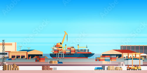 Industrial sea port cargo logistics container import export freight ship crane water delivery transportation concept shipping dock flat horizontal