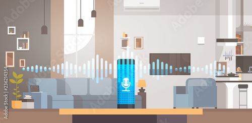 Home intelligent voice activated assistant recognition technology concept living room interior background smart ai speaker horizontal flat
