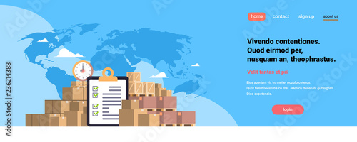 completed checklist clipboard parcel packages paper box blue world map background international delivery industrial concept flat horizontal copy space