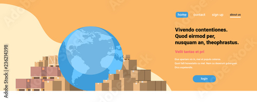 globus world map parcel packages paper box orange background international delivery industrial concept flat horizontal copy space