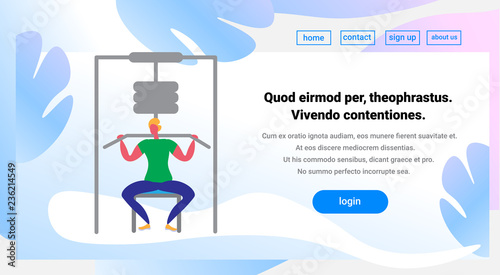 sportsman training back simulator gym exercises machines sports equipment strong male fitness cartoon character healthy lifestyle concept full length horizontal copy space flat