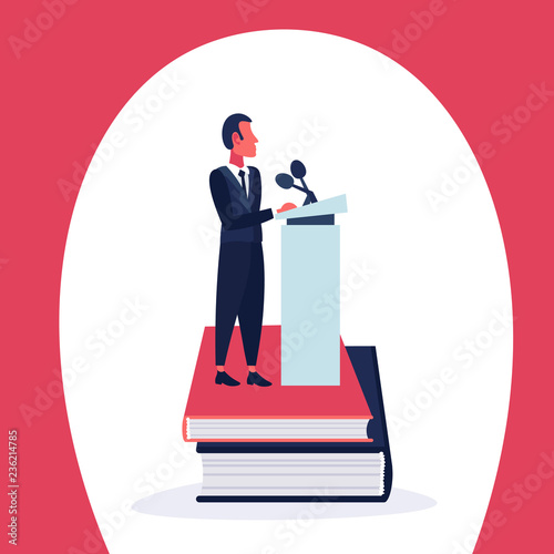 businessman standing book stack tribune announcer leader concept microphone cartoon character isolated full length flat