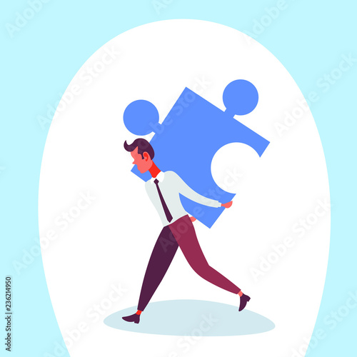 businessman carry back puzzle piece business man problem solution concept jigsaw cartoon character full length isolated flat