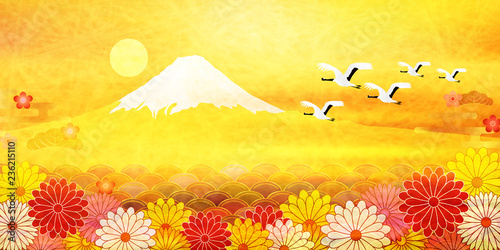 富士山　菊　年賀状　背景