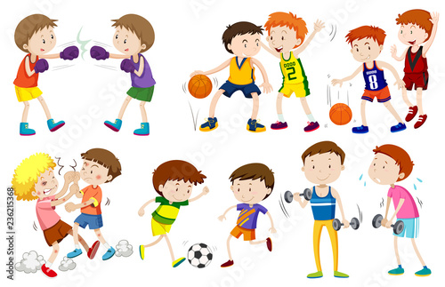 Set of boys doing activites