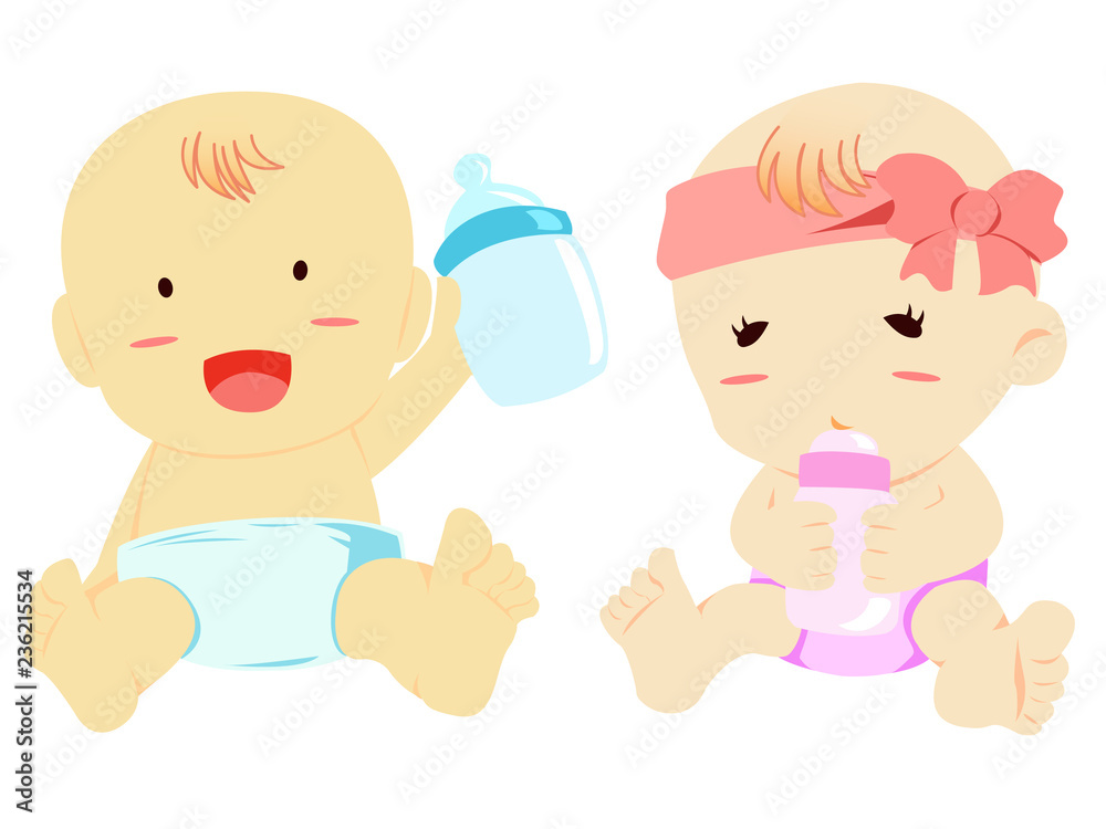 boy and girl bring nursing bottle for drink milk boy and girl bring nursing bottle for drink milk