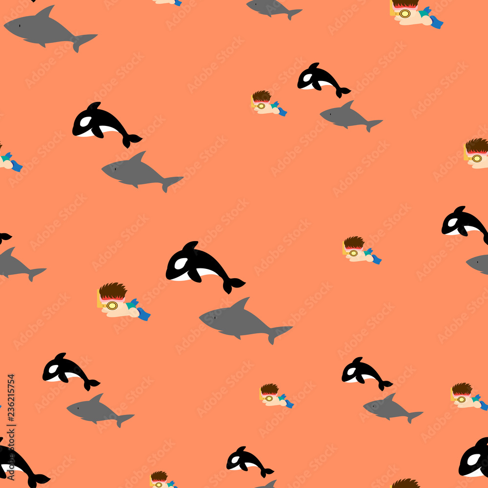 Fototapeta premium Seamless pattern background created by cute characters. Killer whale and shark chasing a boy