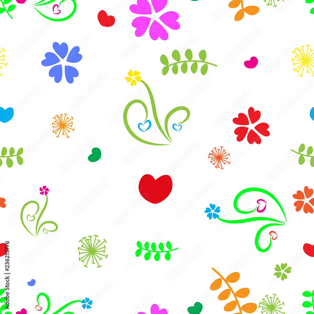 Seamless pattern created by cute objects like hearts and flowers set in to white background Seamless pattern created by cute objects like hearts and flowers set in to white background