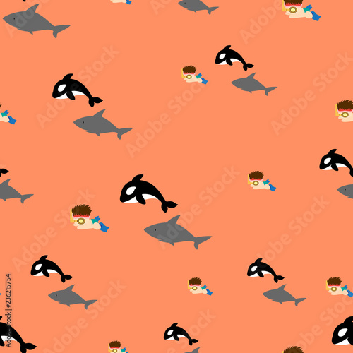 Seamless pattern background created by cute characters. Killer whale and shark chasing a boy