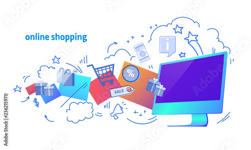Online shopping internet electronic payment horizontal banner computer virtual money transaction sketch doodle
