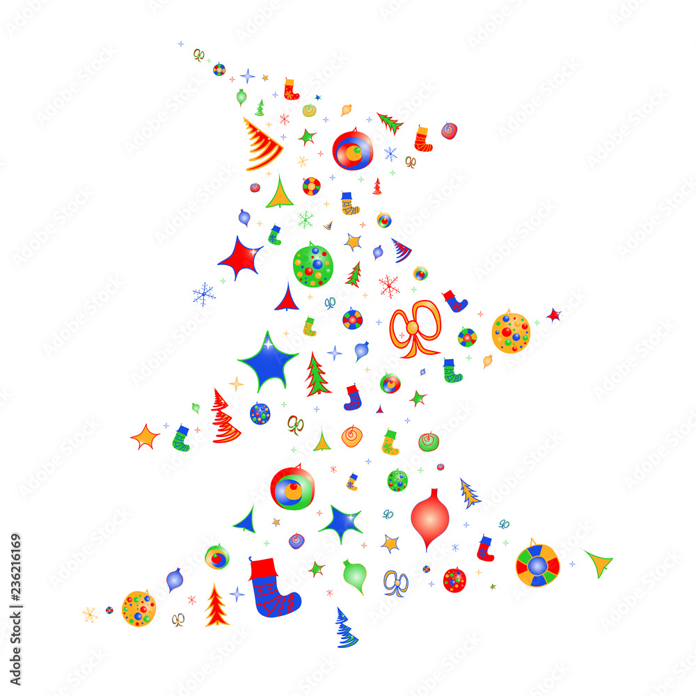 Vector colorful silhouette of Christmas tree decorate with lights, stars, bows, snowflakes and socks