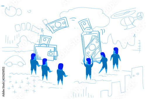 business people around mobile wallet money transaction online bills payment application concept on white background horizontal sketch doodle photo