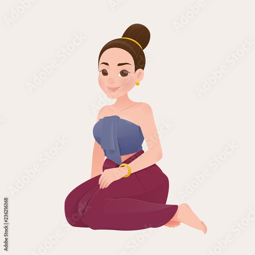 illustration thai women in thai traditional dress, Traditional southeast asian costume, Vector and cartoon