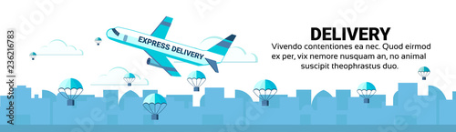 Package flying parachutes airplane unloading express fast parcel delivery service concept international shipping isolated horizontal banner copy space
