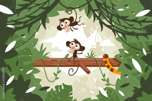 Cute monkeys on tree among vegetation and tail of tiger in jungle.