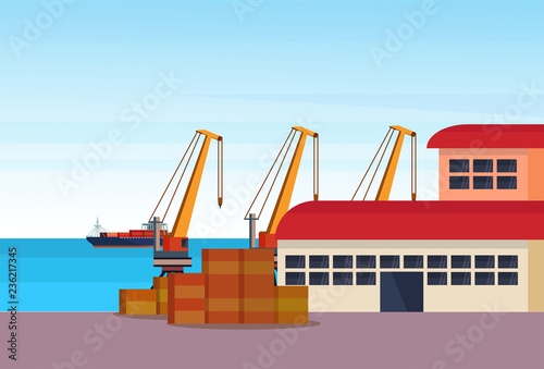 Industrial sea port freight ship cargo crane logistics container loading warehouse water delivery transportation concept international shipping seaside flat horizontal vector illustration