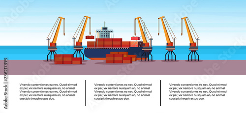 Industrial sea port freight ship cargo crane business infographic template container loading water delivery concept shipping seaside flat horizontal banner copy space