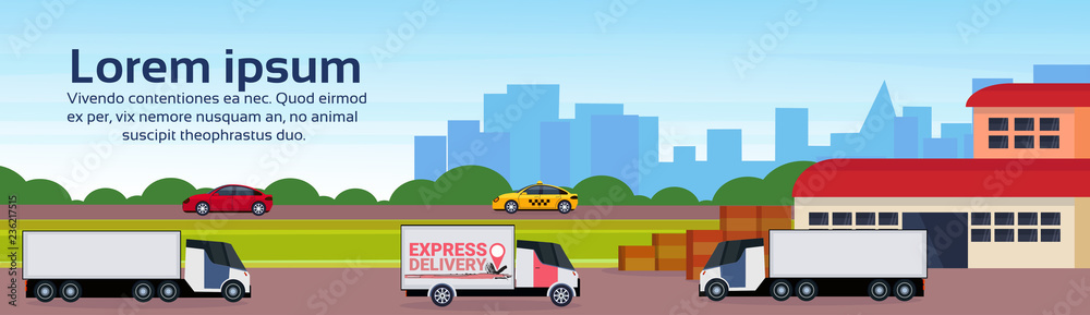 warehouse cargo minivan logistics loading delivery transportation concept international shipping cityscape flat horizontal banner copy space