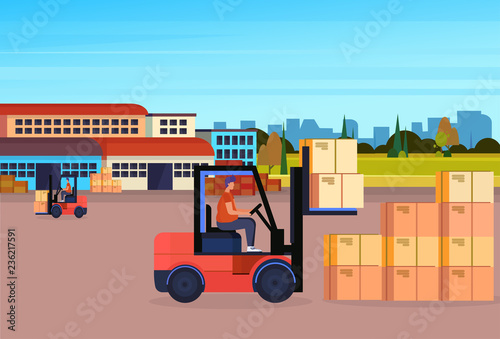 forklift driver loader pallet stacker truck equipment warehouse yard exterior delivery concept horizontal flat