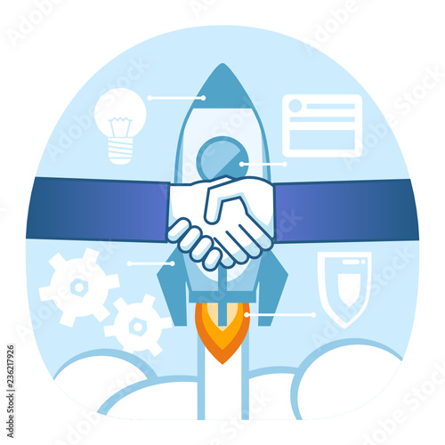 Startup, successful business deal, agreement concept. Big hands handshake over launching rocket. Poster for presentation, social media, banner, web page. Flat design vector illustration