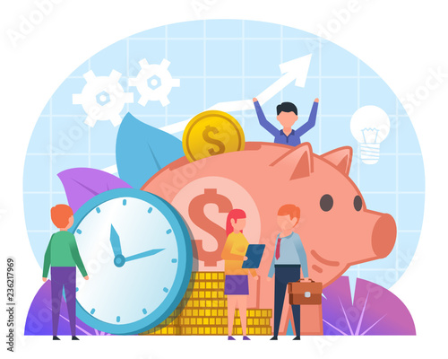 Savings growth, profitable deposit. Small people stand near giant piggy bank. Poster for banner, social media, presentation, web page. Flat design vector illustration © paper_owl