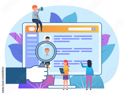 Employee search on website, recruitment agency concept. Small people stand near web page with resumes. Poster for banner, social media, presentation, web page. Flat design vector illustration