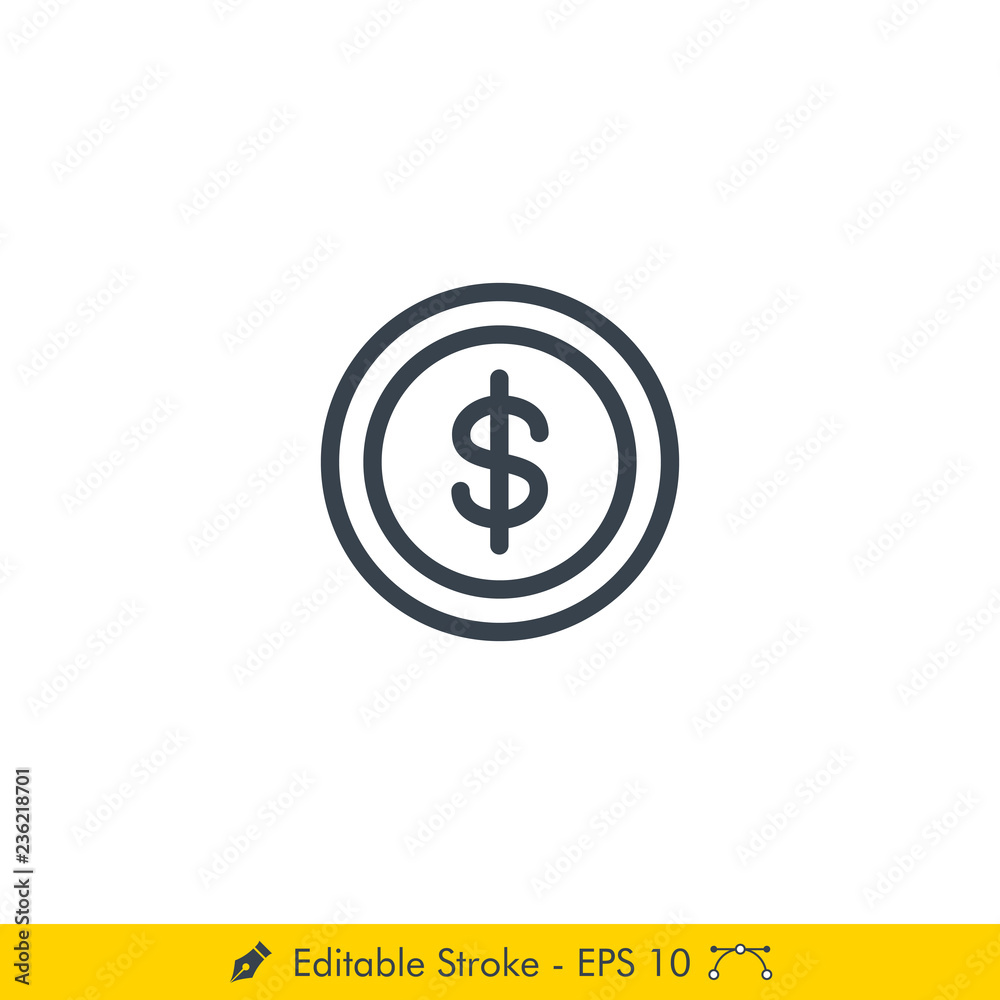 Dollar Coin Icon / Vector - In Line / Stroke Design Dollar Coin Icon / Vector - In Line / Stroke Design