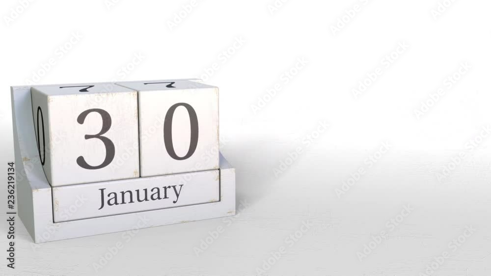 Wood cube calendar shows January 30 date, 3D animation Wood cube calendar shows January 30 date, 3D animation