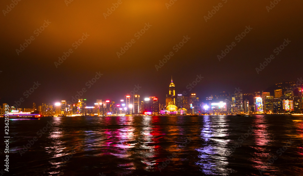 Hong Kong cityscape view from the Victoria harbor at night