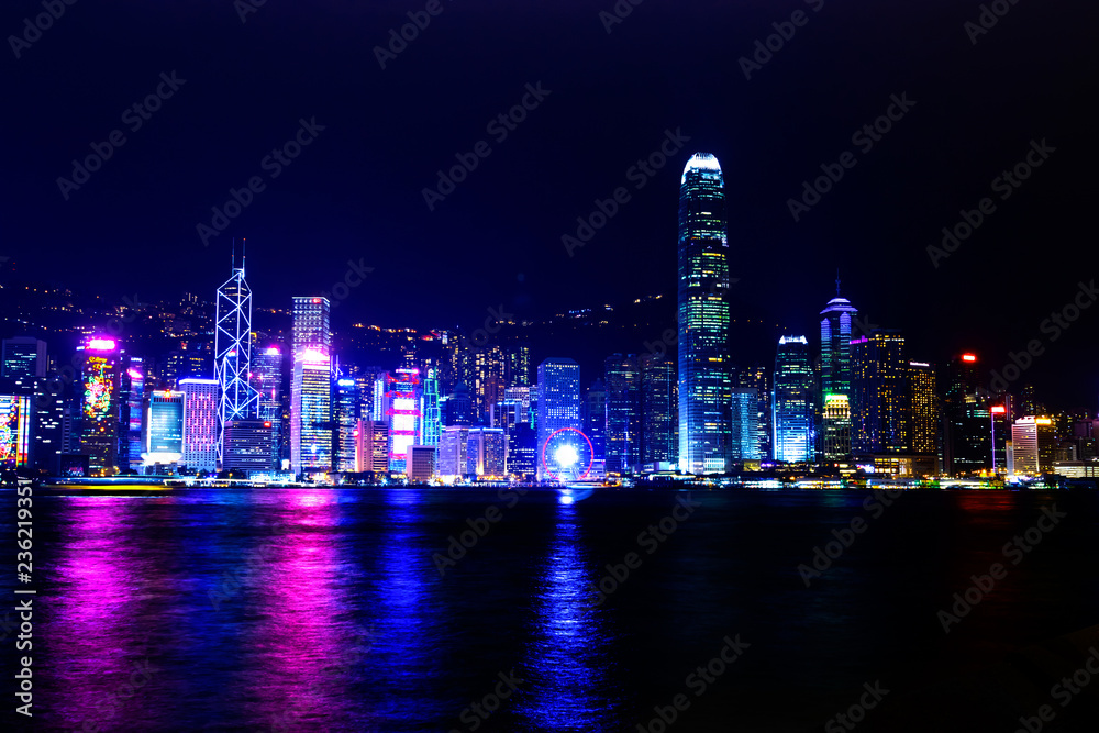 Hong Kong cityscape view from the Victoria harbor at night